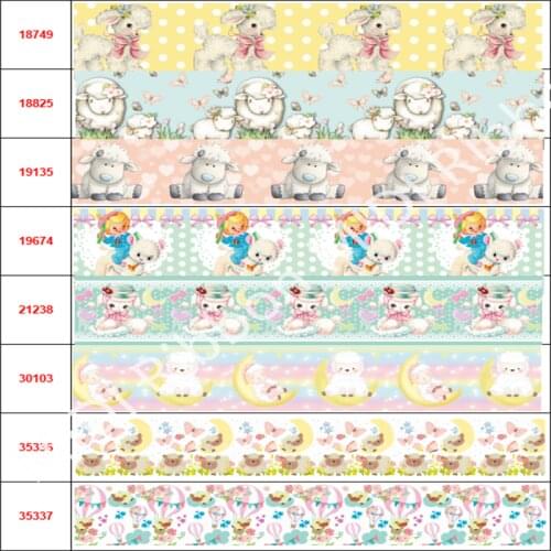 16mm-75mm Cartoon Sheep Series Check Dot Printed Grosgrain/Foe Ribbon Butterfly Flower Lace DIY Hair Bowknots 50yards/roll