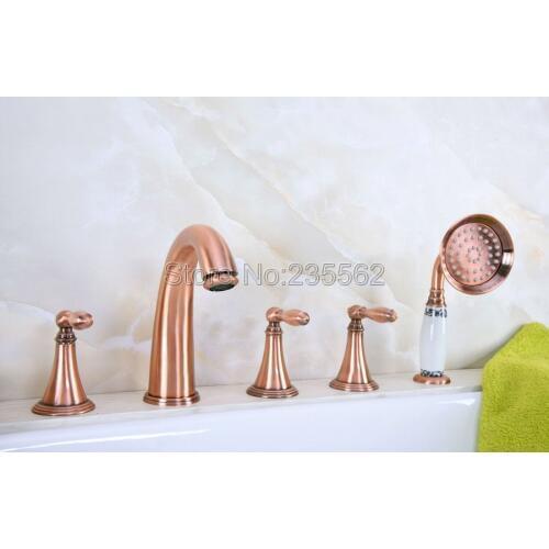 Antique Red Copper Roman Bathtub Mixer Faucet Set w/ Handheld Shower 5 Holes Tap Deck Mounted lna201