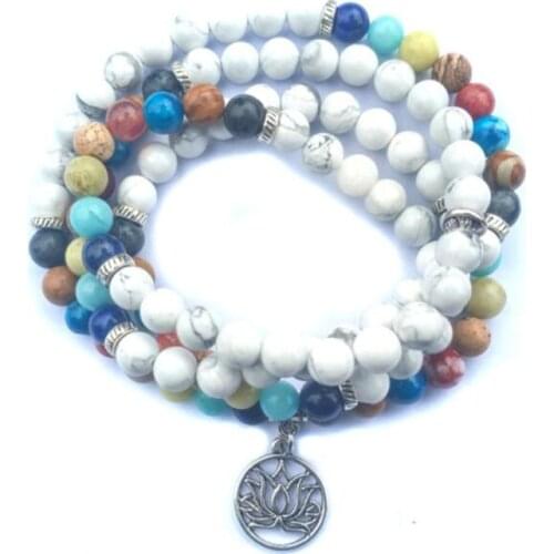 7-Chakra Healing Stone Bracelet Men Natural Stone Howlite Lotus OM Bracelets 108 Prayer Beads Mala Yoga Necklace Bracelet Women