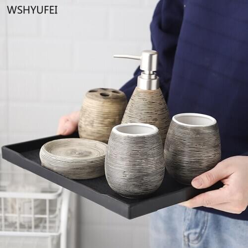 Ceramic Retro Brushed Bathroom Five-Piece Washing Tools Baby Bottle Mouthwash Cup Soap Toothbrush Holder Tray Household Products