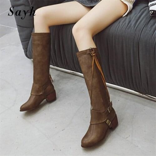 Classic Tassel Western Cowboy Boots Women Leather Riding Cowgirl Boots Low Heels Shoes Knee High Winter Boots Zapatos De Mujer