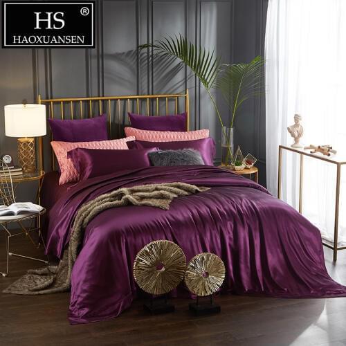 100% Mulberry Silk 4 Pcs Bedding Sets With Hidden Button Both Side 19 Momme Silk Sheet Quilt cover Pillow case King Size Purple