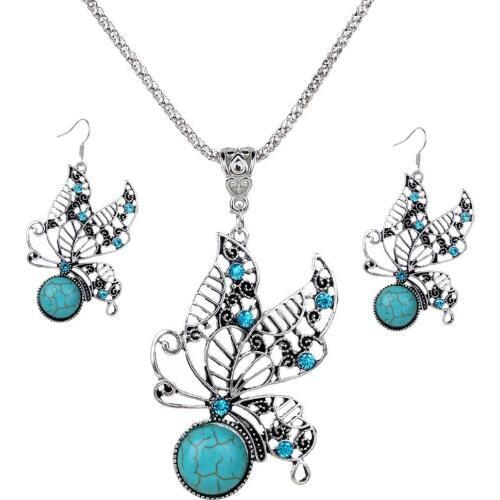 Fashion Drop Dangle Jewelry Set Retro Crystal Butterfly Earrings, Pendant Necklace for Woman A168G