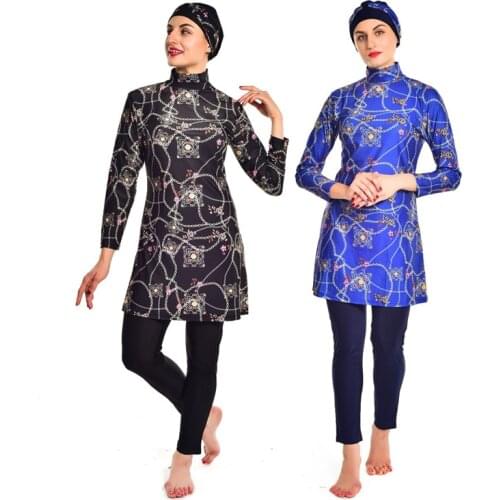 Muslim swimsuit swimsuit three-piece print swimsuit large size slim elastic tight-fitting long-sleeved +hat Conservative Swimsui