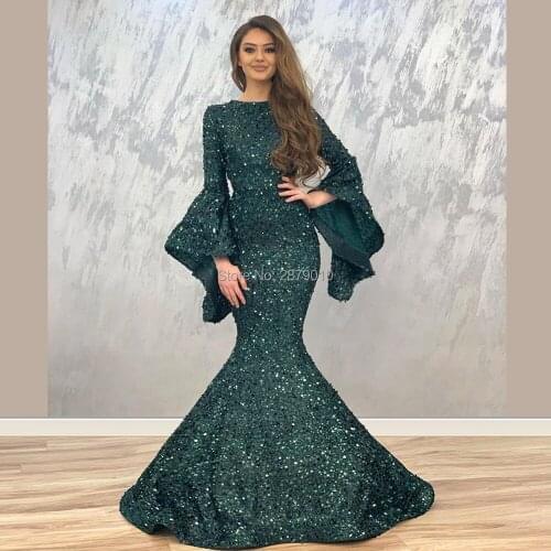 Muslim Elegant Mermaid Evening Dress Long Sleeves Floor-length Sequins Prom Dress Robe De Soiree Aibye Middle East Saudi Arabia