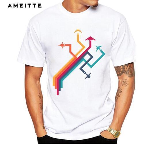AMEITTE Fashion Colorful Vector Airplanes T Shirt Mens Hipster Geometric Printed TShirt Summer Male Short Sleeve Geek Tops Tee