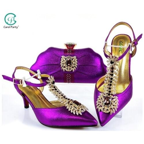 Newest Italian design Fashion Special Style African Womens Wedding Shoes and Bag Sets in Purple Color for Royal Party