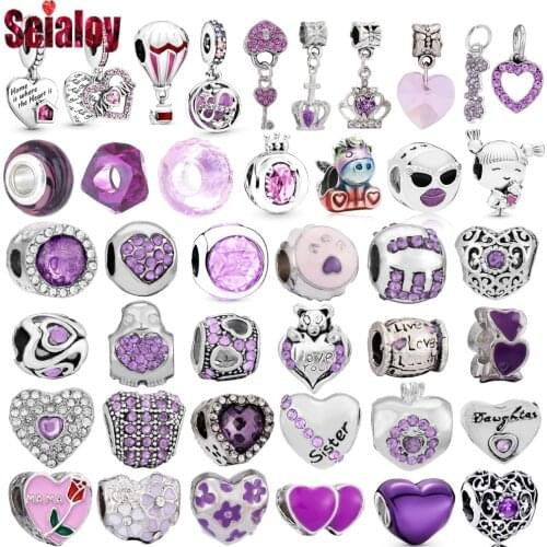 Seialoy 2pcs Purple Heart Beaded Love Crown Dangle Charm Thanksgiving MOM Pendant Fit Brands Bracelets Diy Women Jewelry Making