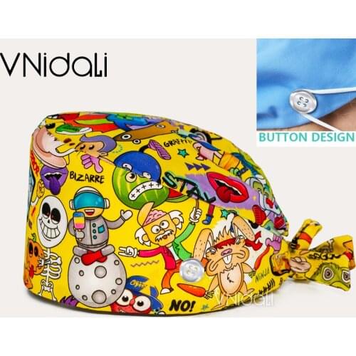 Halloween day printing scrub hat laboratory working cap medical Surgical cap adjustable nursing scrub cap with button nurses hat