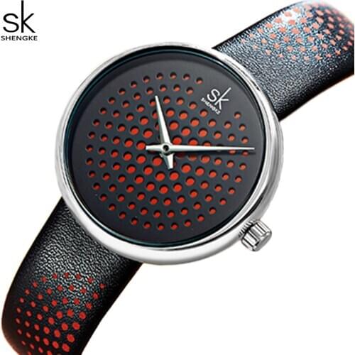 Shengke Women Watches Red Dot Hollow Out Hardlex Dial Leather Buckle Strap Waterproof Ladies Fashion Wristwatch K0128