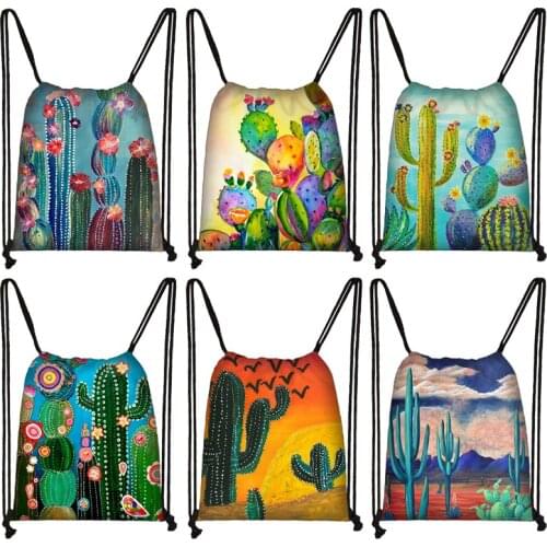 Cactus Oil Painting Print Drawstring Bag Women Storage Bags Cacti Boys Girls Backpack Teenagers Travel Bag