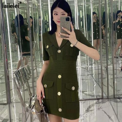 Button Pocket Knitted Dress Mini v Neck Bodycon Vestidos De Verano Elegant Black Korean Club Green Vestido Curto Party Sukienki