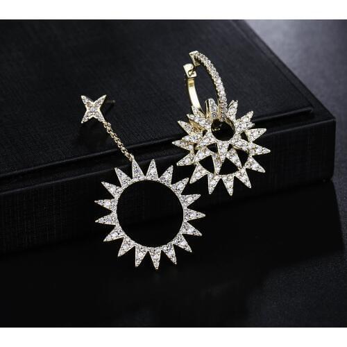UMGODLY Luxury Sun Flower Earrings Cubic Zirconia Star Gear Asymmetry Earring Set Fashion Gold Color Women Jewelry