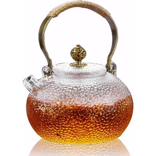 Super Elegant Borosilicate Glass Tea Pot with Copper Handle & Lid Microwave Stovetop Dishwasher Safe Loose Leaf Teapots Filter