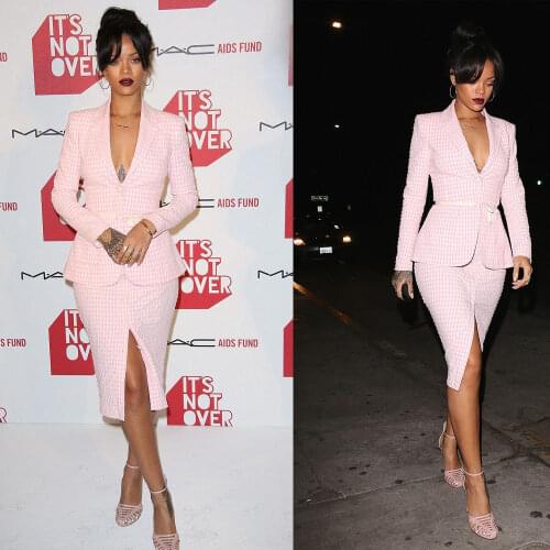 Pink Check Women Suits Customized Long Sleeve Slim Fit Blazer Dress Jacket Leisure Coats 2 Pieces