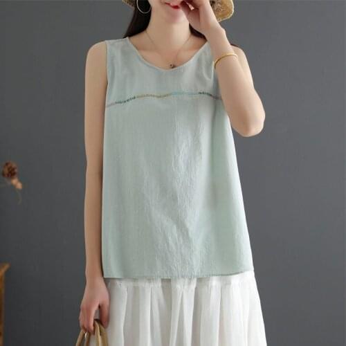 Womens Cotton Linen Sleeveless Tops 2021 Summer New Round Neck Solid Color Female Vest Blouse Loose Casual Shirts aq393