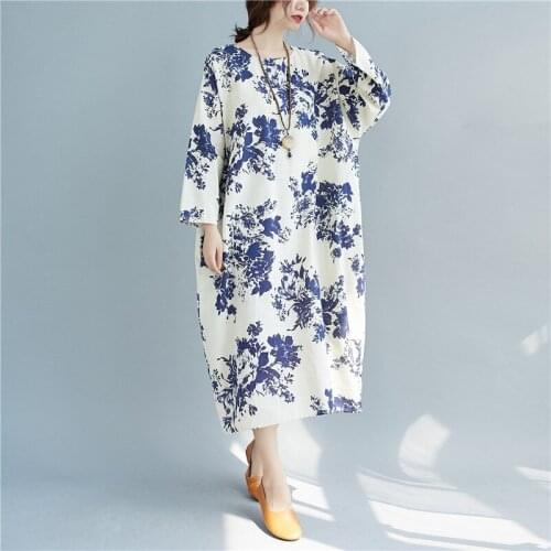 Oversized Women Cotton Linen Casual Dress New Arrival 2020 Autumn Arts Style Vintage Print Loose Female Long Dresses S2439