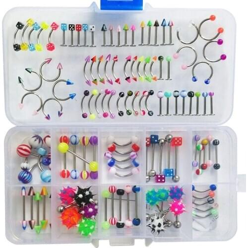 110 PCS Body Jewelry Piercing Eyebrow Navel Belly Tongue Lip Bar Ring 24 Styles