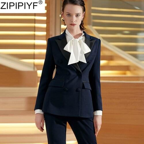 2PCS Fashion Women Blazer Set 2020 Spring Elegant Office Lady Turn down Collar Long Sleeve Solid Button Tops+Pants Set