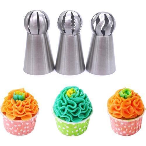 3 Pcs/Set Stainless Steel Sphere Shapes Flower Icing Piping Cupcake Nozzles Set, Fondant Cake Decorating Tools
