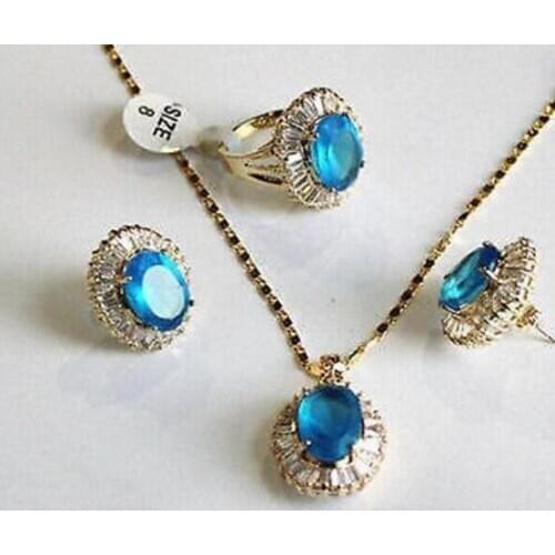 Free Shipping Fine 10-14mm blue zircon beads earring ring pendant set AAA style 100% Natural jade Noble Fine jewe