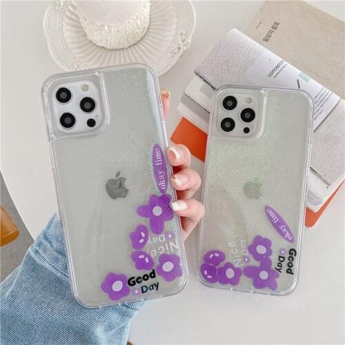 Cute Purple Flower Dynamic Liquid Quicksand Sliding Blocks Phone Case for iPhone 12 Mini 11 Pro MAX Floral Good Day Clear Cover
