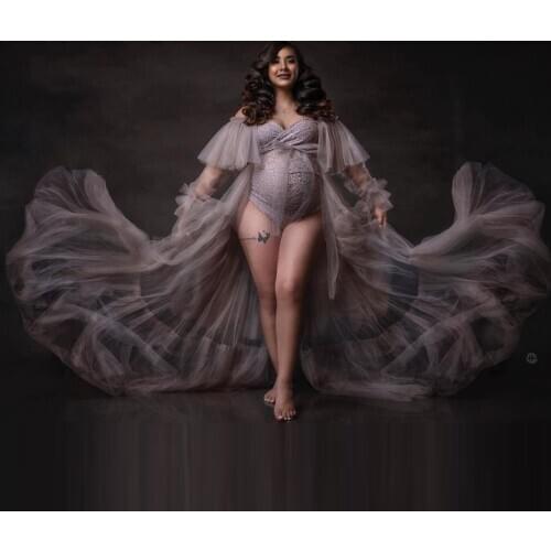 Long Tulle Maternity Dress Plus Size With Train Soft Tulle Short Sleeves Front Slit See Through Bridal Pregnancy Dressing Gown