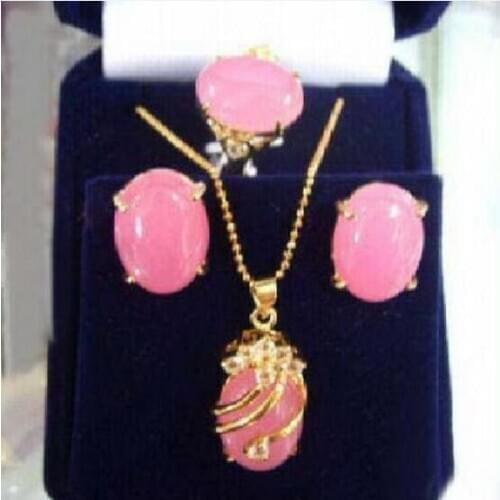 Pink Jade Crystal Pendant Necklace Ring Earrings set