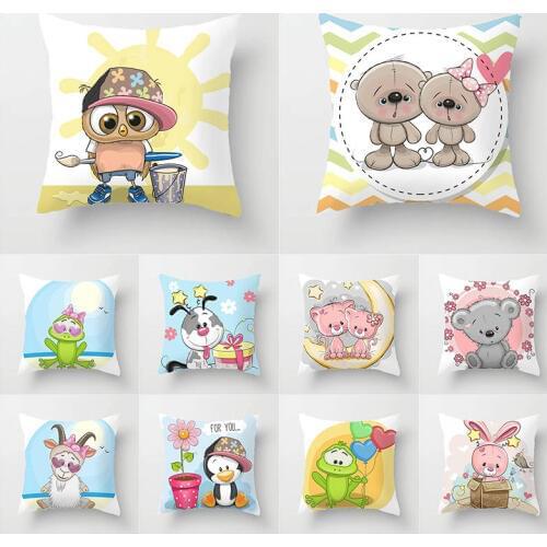 Cute Bear Dog Sheep Owl Pig Cushion Cover Square Pillow Cases Cojines Decorativos Para Sofa Blue Pink Couch Pillows TP128