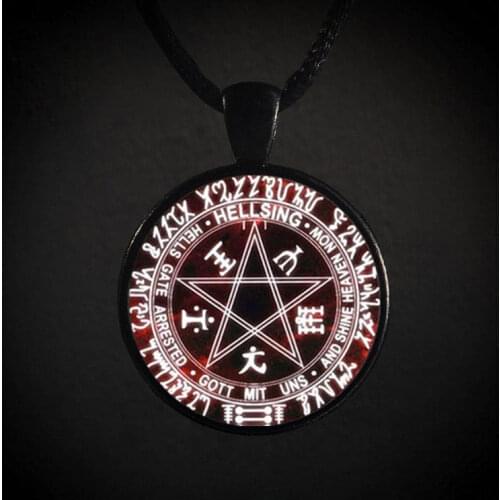 Fashion Bestselling Rune Pentagram Pattern Glass Necklace Punk Black Leather chain Mens Satanism Gothic Jewelry Hidden Charm