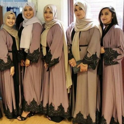 Fashion Women Lace Embroidery Abaya Kimono Kaftan Dubai Muslim Dress Cardigan Ramadan Islamic Clothing Turkish Robe With Belt