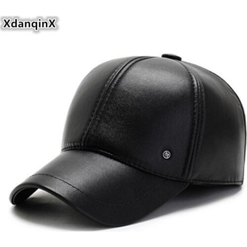 XdanqinX Mens Winter Earmuffs Hats PU Imitation Leather Warm Baseball Caps Adjustable Size Snapback Cap Dads Bone Tongue Cap