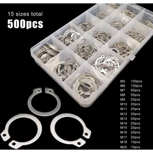 250/500pc Assortment Kit Set 5-20mm GB894 304 Stainless Steel Retaining Clip Snap Ring C Type External Circlip for Bearing Shaft