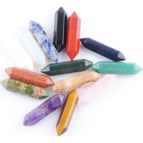 35x8mm 10Pcs Natural Mixed Gem Stone Hexagonal Healing Pointed Reiki Chakra No Drilling Hole Pendant Jewelry Accessories QBU307