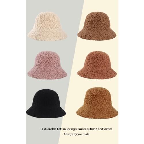 New Lamb Wool Bucket Hat Autumn Winter Fashion Versatile Student Warm Harajuku Korean Pop Sweet Pure Color Womens Hat For Girls