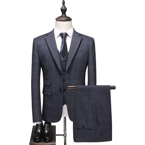 2021 New Men Suit 3 Pieces Fashion Plaid Suit Slim Fit Black Wedding Suit for Menr(Jacket+Pants+Vest)