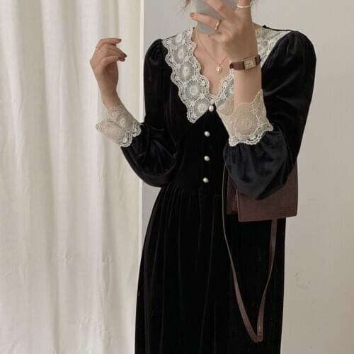 Alien Kitty New Retro Elegant Women Dresses Velvet Pearl Buttons V-Neck Lace Patchwork Long Sleeve Autumn Mid-Calf Vestidos