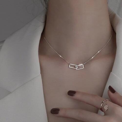 Personality Silver Color Shiny Rectangle Double Zircon Pendant CZ Zirconia Necklaces Clavicle chain For Girl Jewelry Gift