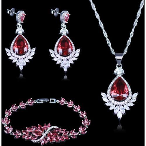 Russian Luxury Bridal Jewelry For Women Rose Red Zircon Silver Color Jewelry Sets For Women Bracelets Pendant Earrings