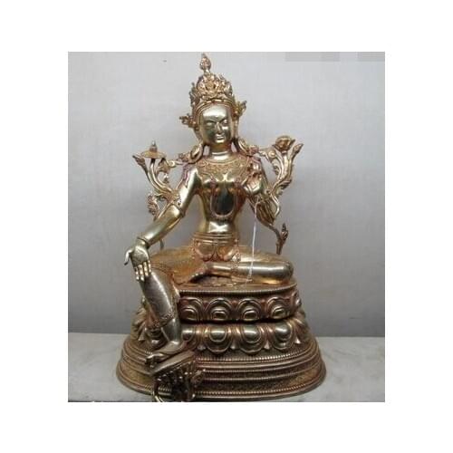 Xd 002551 Tibet 100% Pure Bronze 24K Gild exquisite Green TaRa Padmapani Kwan-Yin Buddha