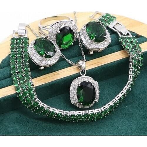 Green Emerald 925 Silver Jewelry set for Women Wedding Party Bracelet Hoop Earrings Necklace pendant Ring Birthday Gift