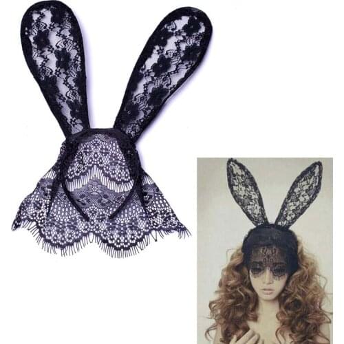 Fashion Women Girl Hairbands Lace Bunny Rabbit Ears Veil Black Eye Mask Hen Party Headwear Hair Accessories