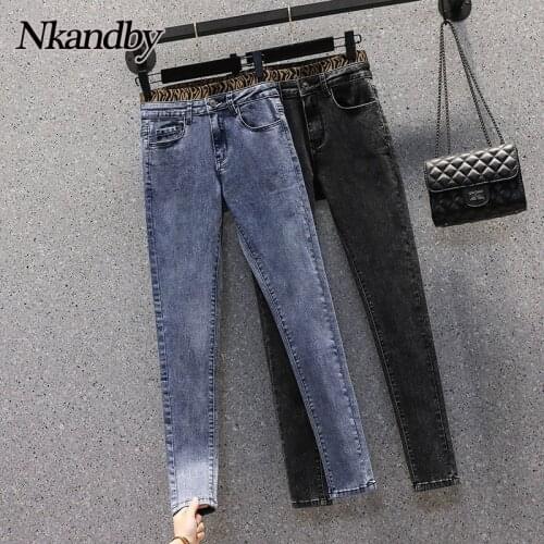 Nkandby Plus Size Elastic Pencil Jeans Women 2021 Autumn High Waist Leopard Patchwork Pants Oversize Skinny Trousers Female