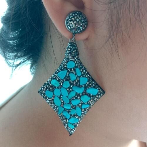40x57MM Blue howlite Black Crystal Pave dangle Earrings geometric style for women