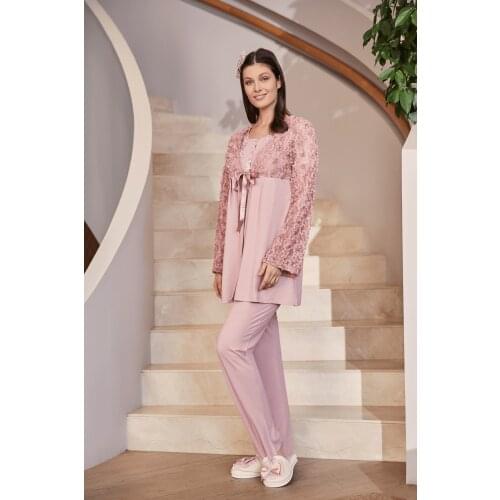 Womens Pregnant Postpartum Pajamas Set Rose Tulle Short Dressing Gown Cotton 3 Piece Set