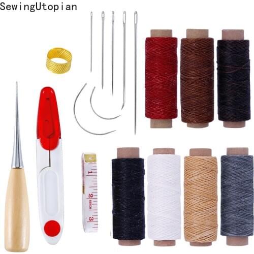 18PCS Leather Craft Stitching Tools Set with Hand Sewing Needles Awl Thimble Waxed Thread for DIY Leathercraft Sewing
