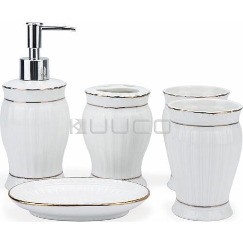 5 PCS/LOT Bathroom Accessories/Wash Set White Ceramic Soap Dispenser, Toothbrush Holder, Soap Dish and Tumbler Bath Organizer
