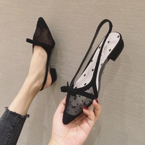 Polka dot sexy lace sandals women pointed toe bow knot slingback gladiator sandalias mujer 2020 chunky heel cutout slip on mules