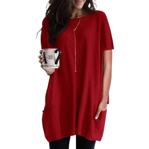 Plus Size Women T-shirt Fashion Elegant Casual O Neck Solid Color Short Sleeve Pockets Loose Tunic Office Lady Tee T-Shirt