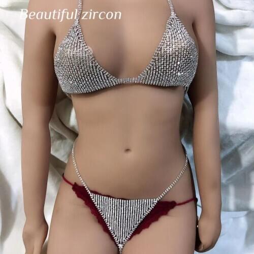Fashion womens shining Rhinestone bra and thong womens charming bikini crystal chain sexy suspender underwear jewelry